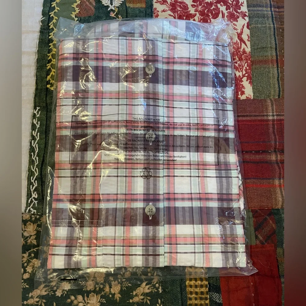 NWT Eddie Bauer UPF 30 Men's Plaid Shirt - Grey & Salmon Color - Picture 2 of 3